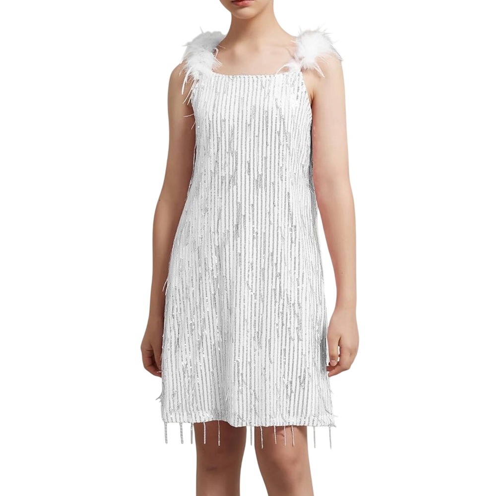 EXARUS Girls White Silver Sequin‎ Fringe Dress Feather Straps Size 14Y Hair Bow